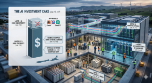 A detailed infographic and 3D cross-section of a modern AI data center illustrating the 'AI Investment Cake' concept. On the left, a chart highlights Layers 1 to 3 (Green Energy, Advanced Chips, and Computing Networks) as high-certainty investments backed by over $750 billion in global CAPEX, while Layers 4 and 5 (AI Applications and Models) are crossed out to indicate high uncertainty. The data center scene features glowing, vibrant optical network cables connecting massive server racks across multiple floors, visually representing the high-speed 'white matter' needed for AI computing.