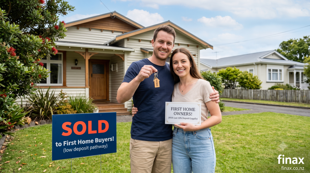 Smiling first home buyers holding keys in front of an established NZ weatherboard house with a SOLD sign on the lawn.